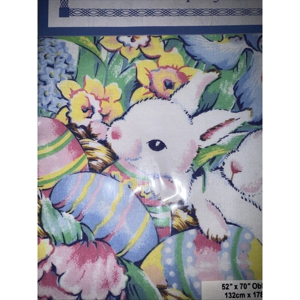 Vtg Easter Tablecloth 52x70” Eggs Basket Flower Garden Bunnies Tulips Bardwil